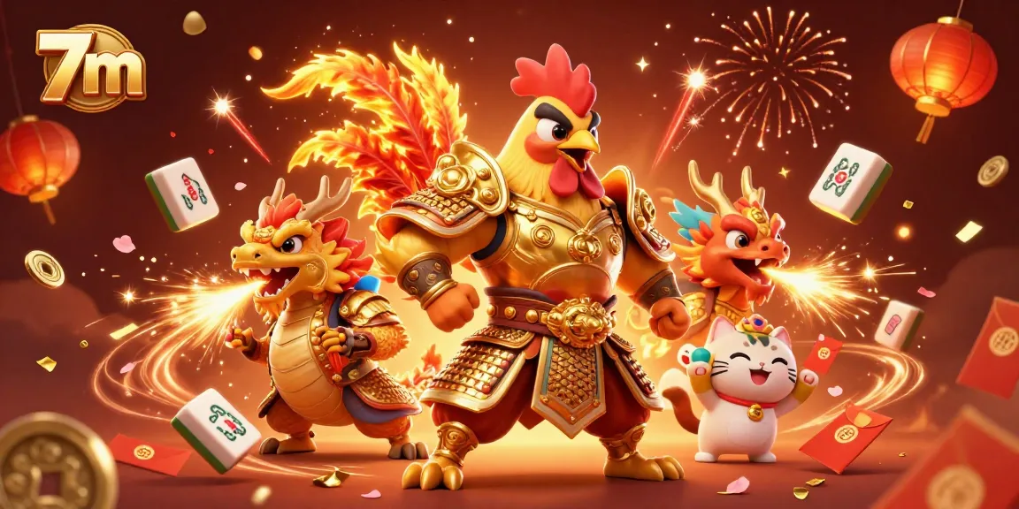 Experience the dynamic 7m gaming scene with vibrant colors, featuring warriors, dragons, and celebratory elements.
