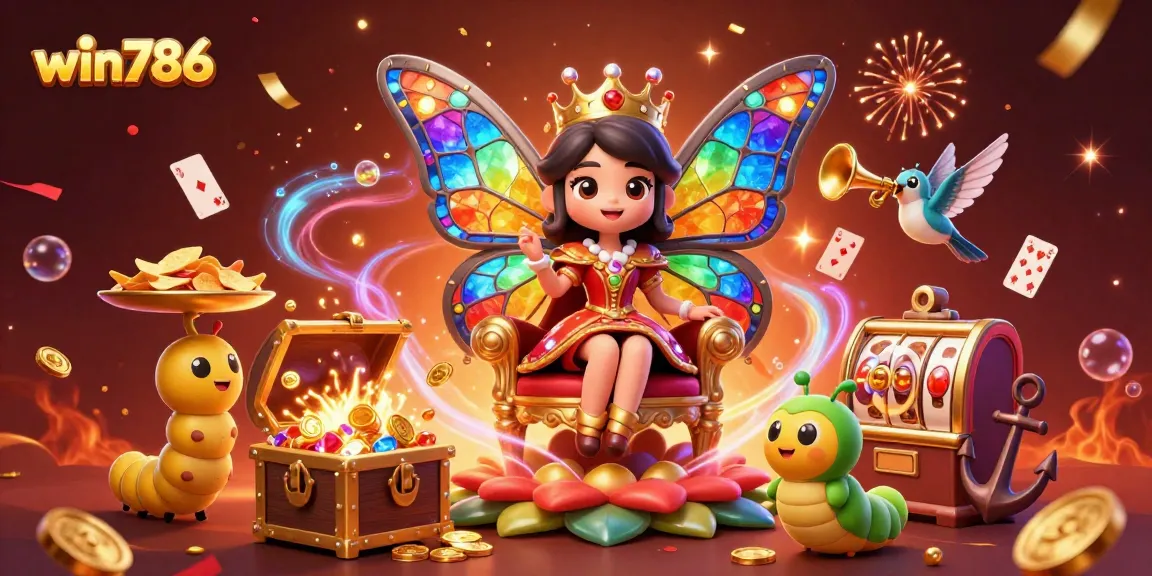 Spin and win with win786 at the lively casino scene featuring a butterfly queen and vibrant elements.