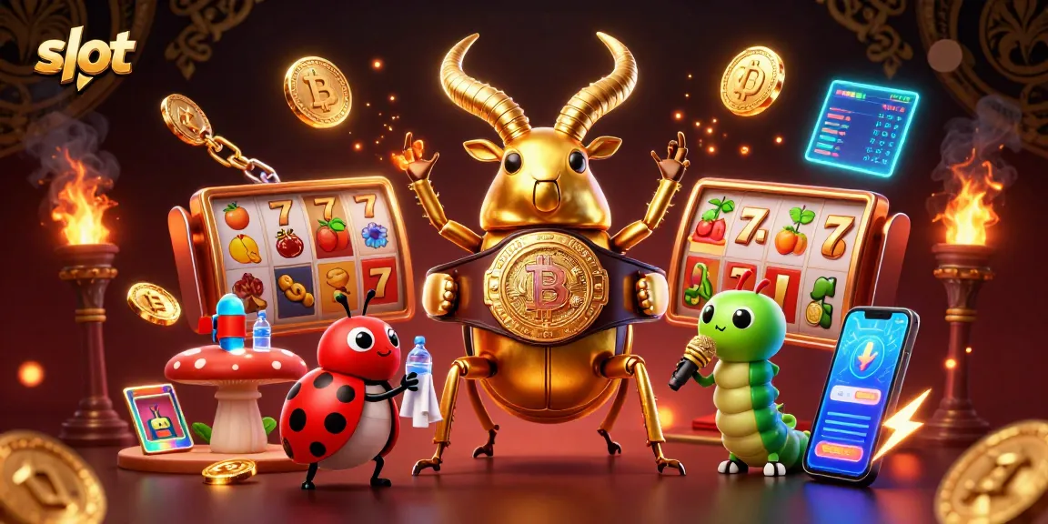 Engage with exciting slot games featuring a vibrant scene of a beetle boxer, ladybug corner-man, and fruit symbols.