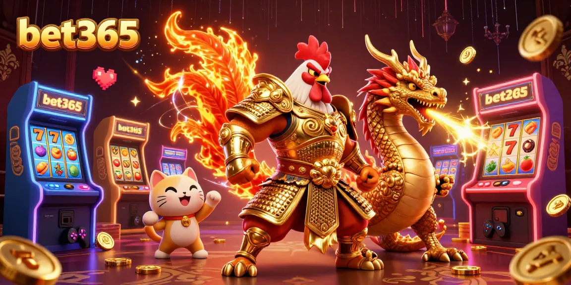 Experience the excitement of bet365 with a vibrant 3D cartoon illustration featuring a rooster warrior and dragon hatchling fueling the gaming atmosphere.