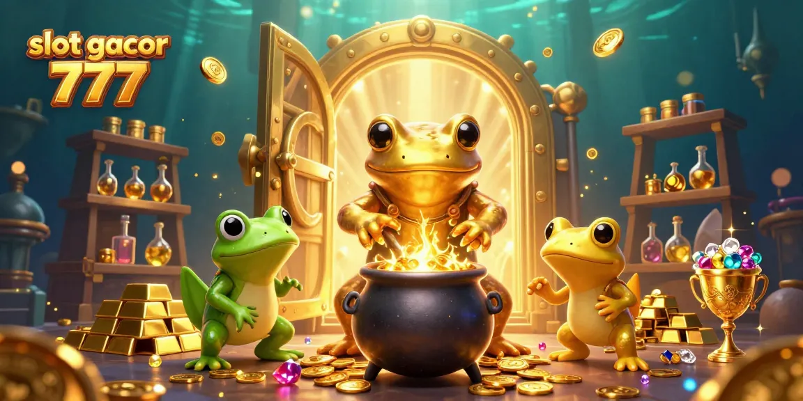 Menang besar dengan slot gacor 777 dalam ilustrasi 3D ceria yang menampilkan elemen emas dan permainan slot.
