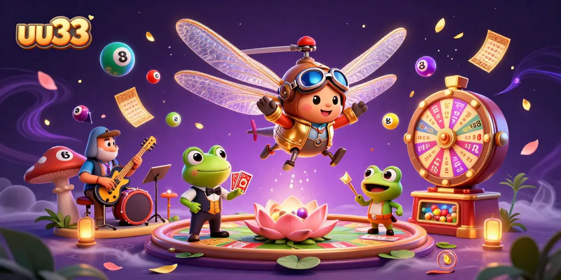 uu33 showcases a vibrant 3D casino scene with a dragonfly pilot, frog croupier, and lively jazz musicians.