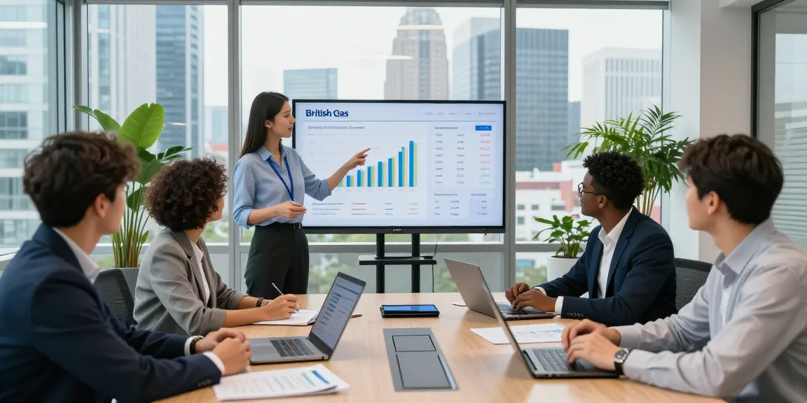 Team analyzing data trends on British Gas business electricity in a modern corporate office.