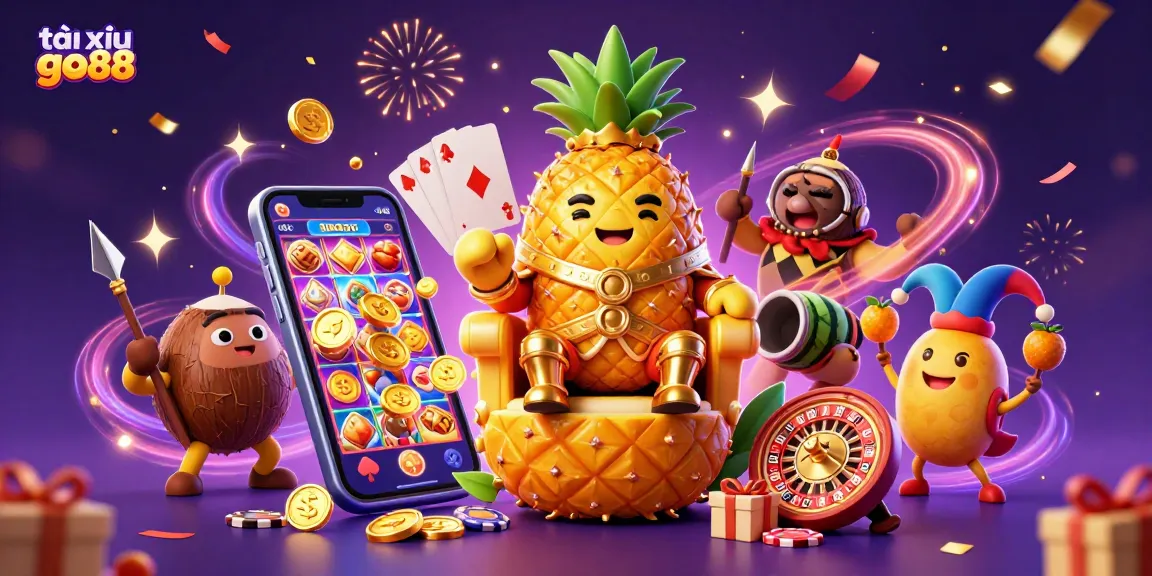 Experience thrilling moments with tài xỉu go88 as the golden pineapple king celebrates casino fun at a vibrant beach.