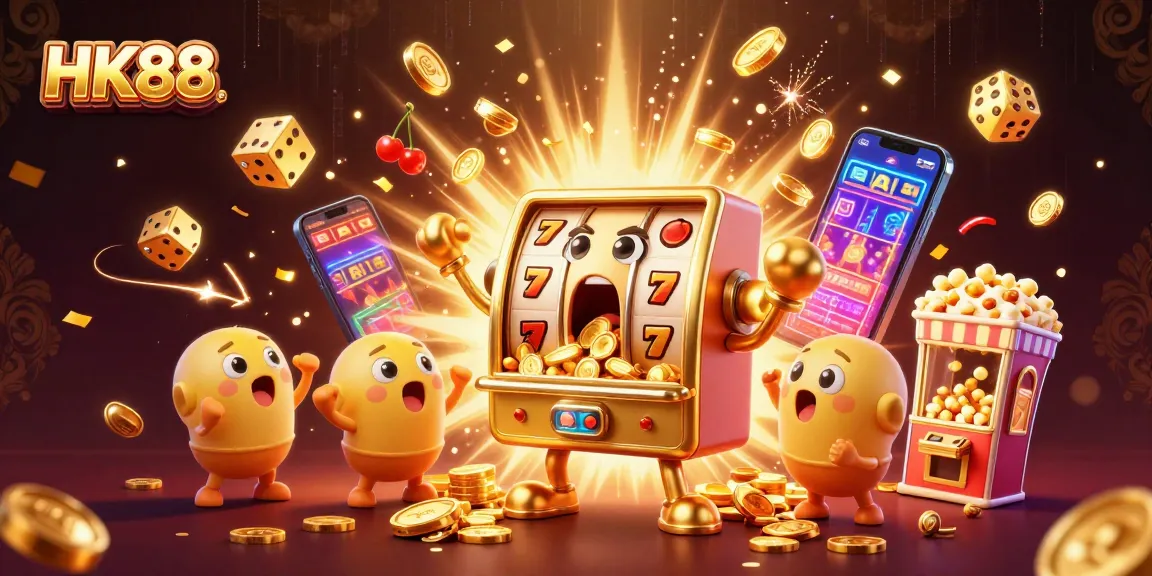 Spin the HK88 slot machine with jackpot excitement as coins burst forth!