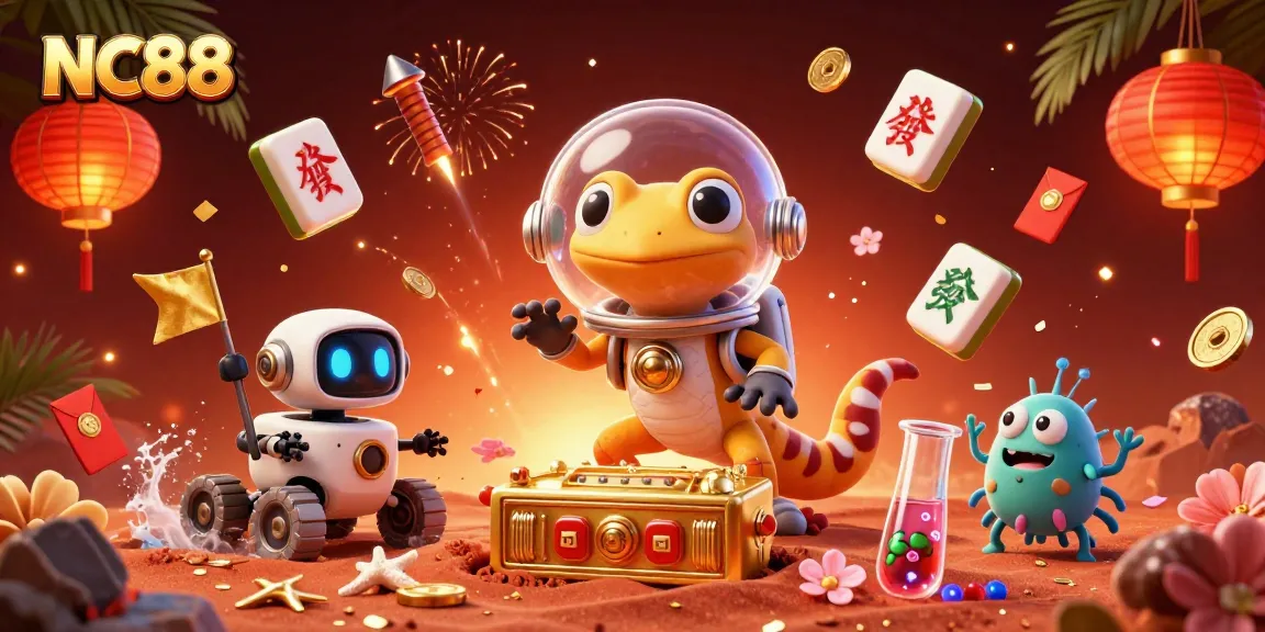 Experience NC88 thrills with a Martian gecko discovering a casino in a vibrant 3D illustration.