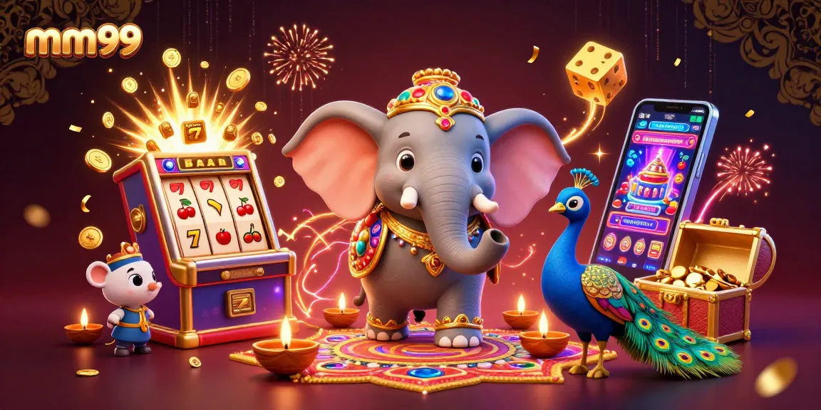 Experience excitement at mm99 with a colorful scene featuring a jackpot explosion and vibrant casino elements.