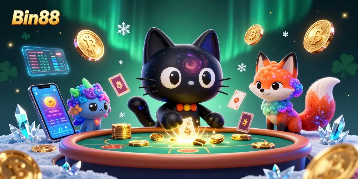 Engage with Bin88 at the cosmic casino table, where a black hole cat draws in chips and cards.