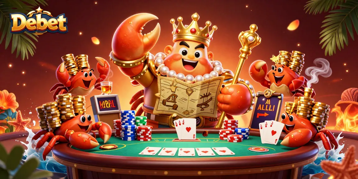 Engage with Debet in an extravagant casino scene featuring a golden crab emperor amid colorful poker elements.
