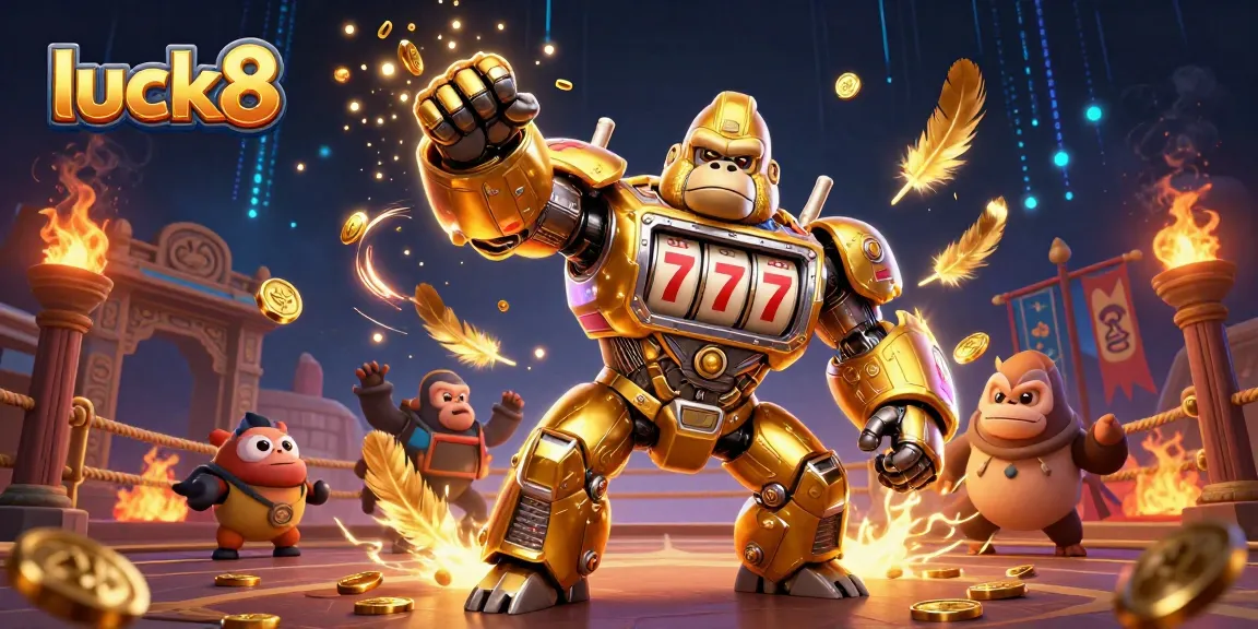 Experience the thrill of luck8 with a dynamic 3D gorilla mech themed around gaming excitement.