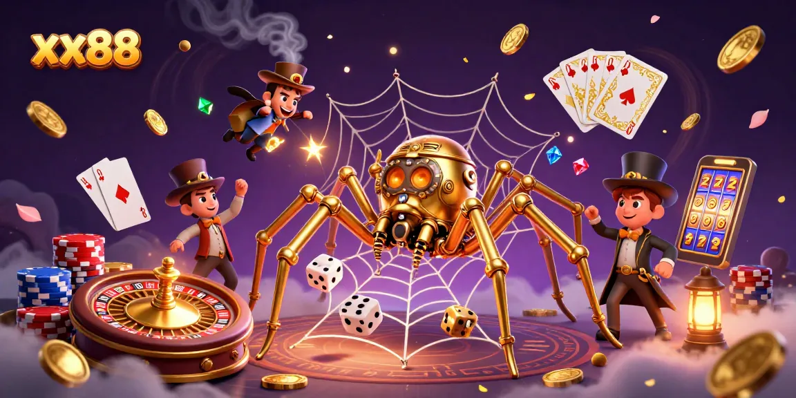 Win big at xx88 with stunning visuals of a golden spider capturing dice in a steampunk casino.