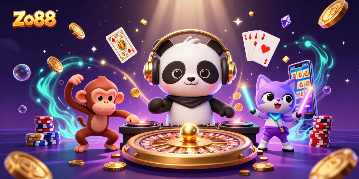 Join the exciting world of Zo88 with a vibrant illustration showcasing a DJ panda and friends in a lively casino scene.