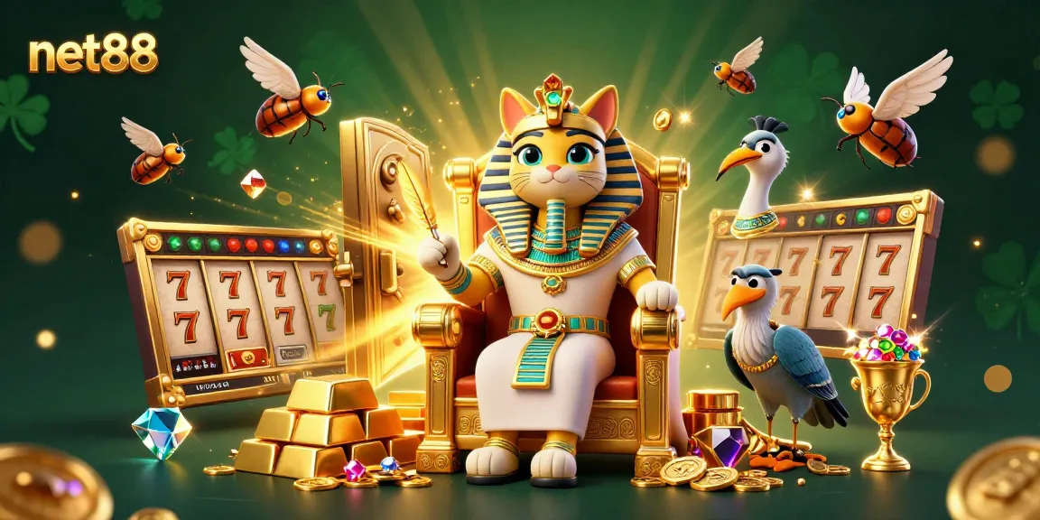 net88 offers a captivating 3D digital illustration featuring a pharaoh cat and treasure symbols, embodying casino excitement.