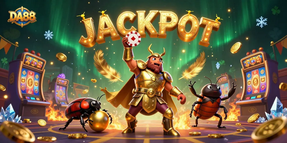 Engage with DA88 as the victorious beetle celebrates a winning jackpot in a vibrant casino setting.