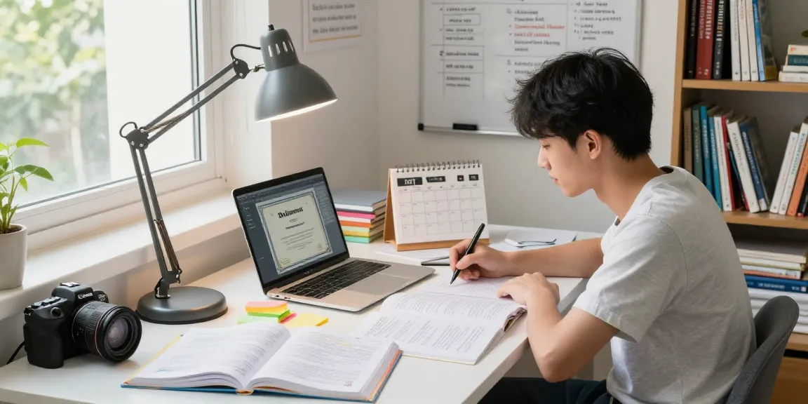 Student studying diploma replicas amidst textbooks and study notes in a bright workspace.