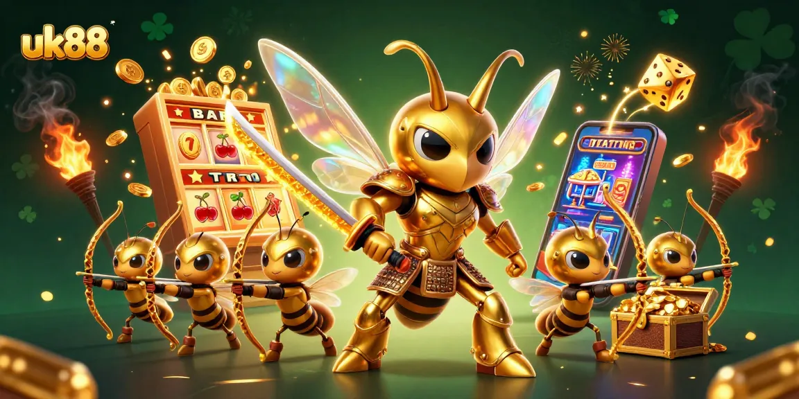 Experience thrill with uk88 as giant hornet samurai spins slots in an explosive casino scene.