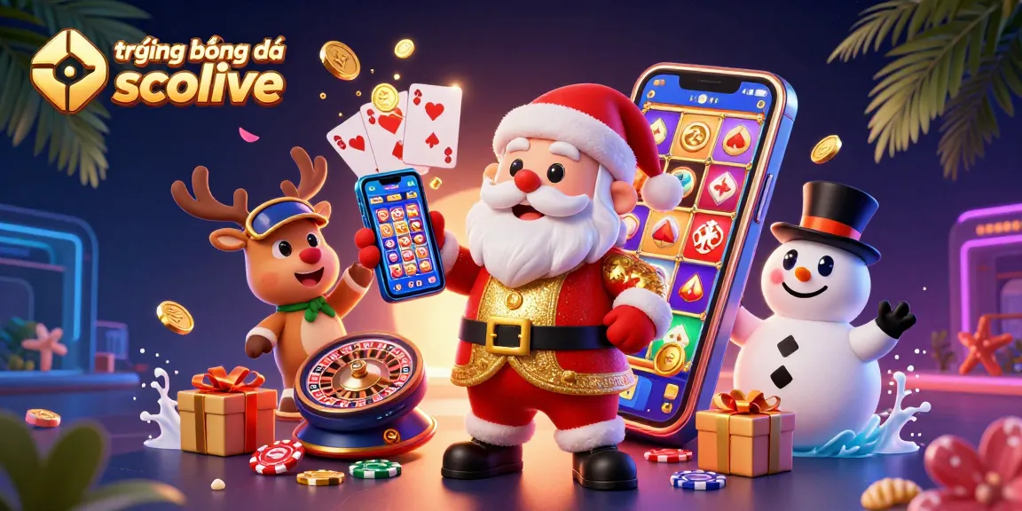 Play trực tiếp bóng đá socolive with Santa and friends in a vibrant casino setting filled with excitement.
