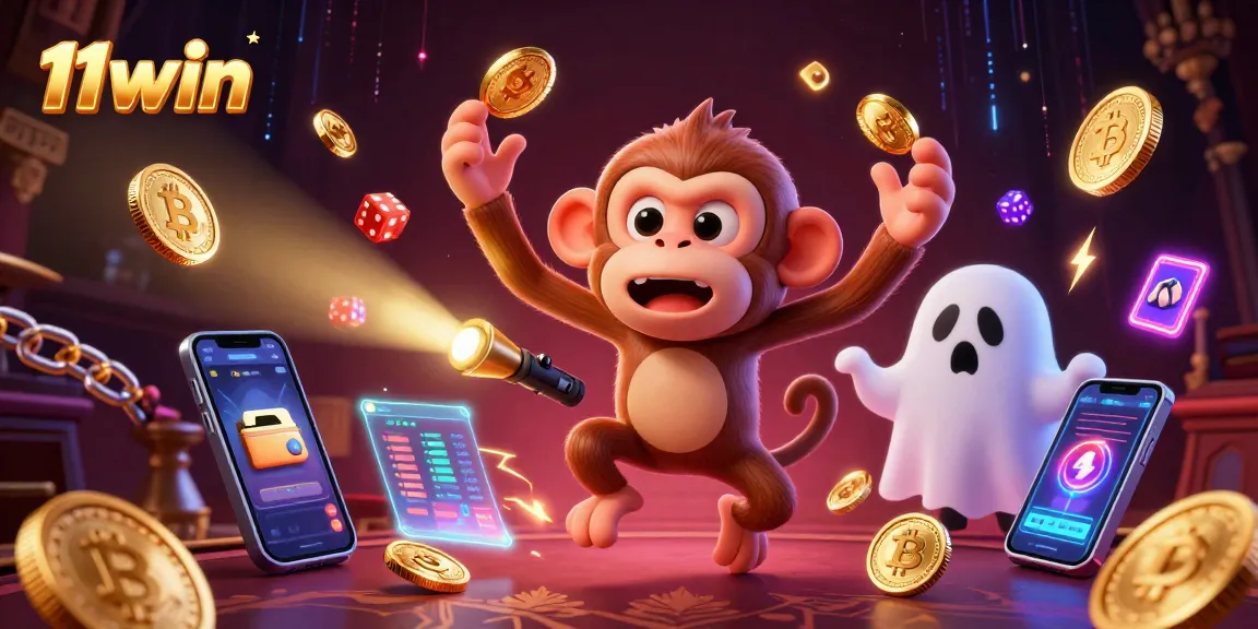 Engage with the thrilling adventures at 11win, where a mischievous poltergeist monkey interacts with crypto elements in a vibrant casino.