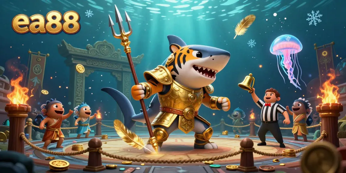 Experience the thrilling gambling world of ea88 with a ferocious underwater scene featuring a golden gladiator shark.