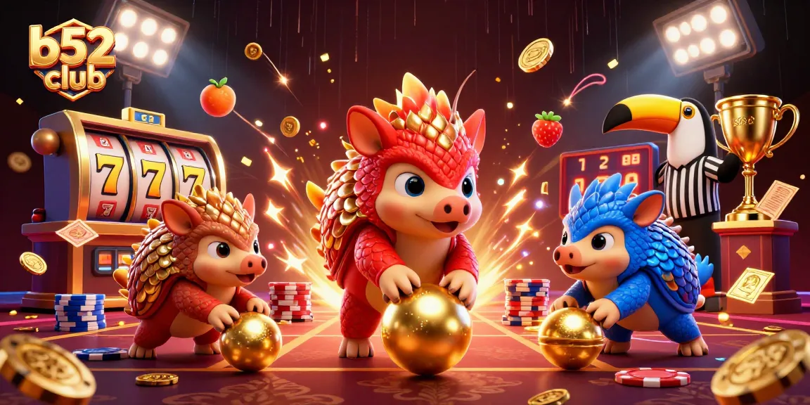 Experience thrilling gameplay at B52 club with dynamic rival pangolins in a vibrant casino scene.