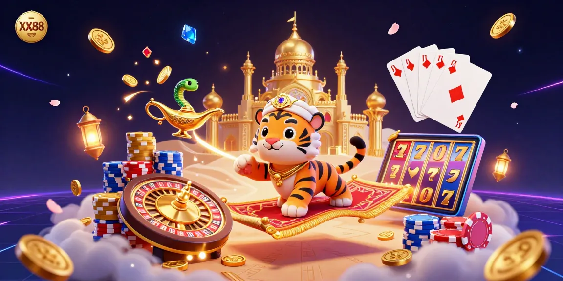 Spin and win with the XX88 online casino in this vibrant 3D casino illustration packed with detail and action.