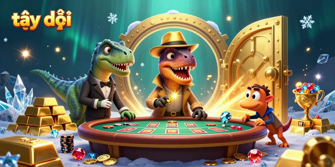 Experience thrilling gameplay at tại đây with cartoon dinosaurs engaging in casino activities.