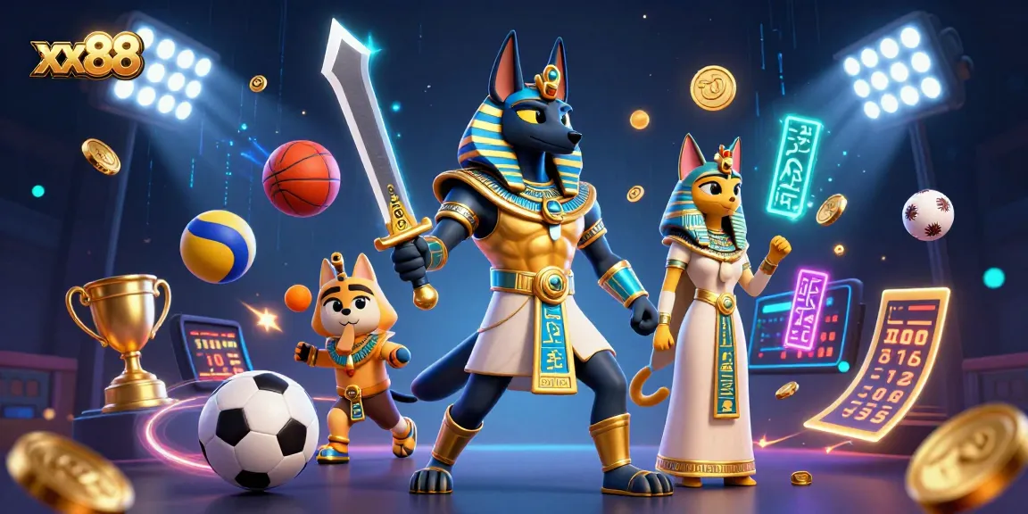 Engage with the thrilling atmosphere of xx88, showcasing a vibrant casino scene filled with dynamic sports elements and ancient characters.
