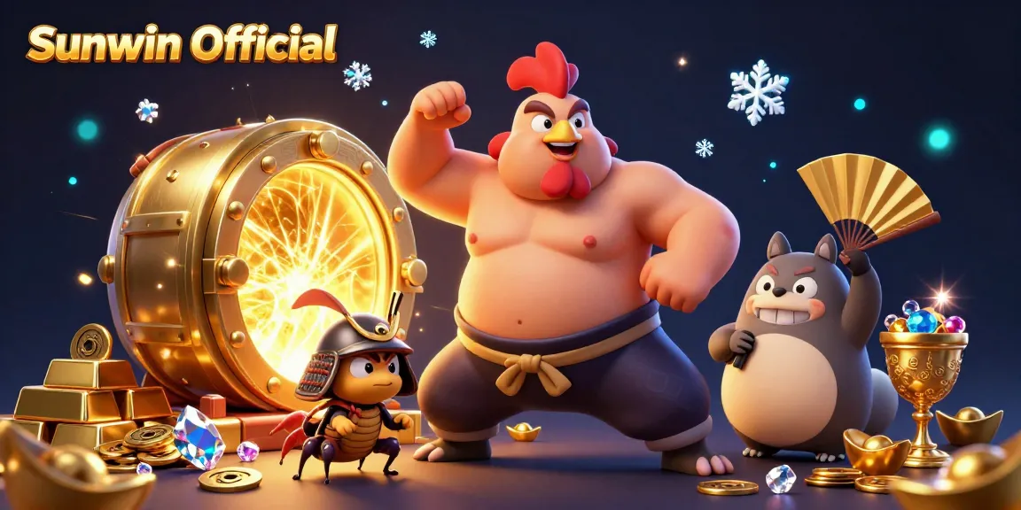 Experience the excitement at Sunwin Official with a vibrant 3D scene featuring a sumo wrestler, a fierce cricket, and a tanuki announcer among gold treasures.