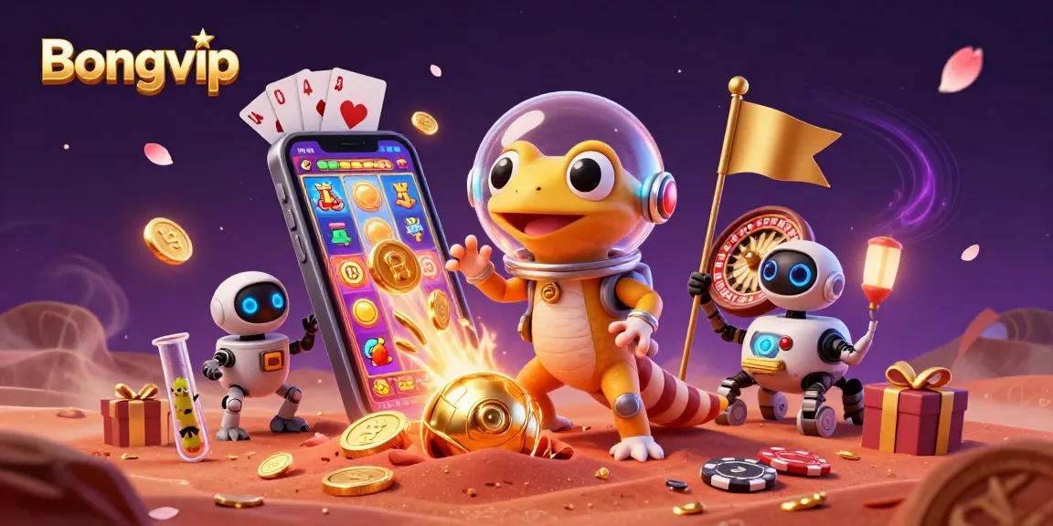 Bongvip casino scene with Martian gecko discovering buried treasures and cheering alien bacteria.