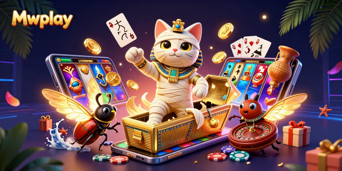 Engage with Mwplay's vibrant casino world; a mummy cat and scarab bring excitement to your gaming experience.