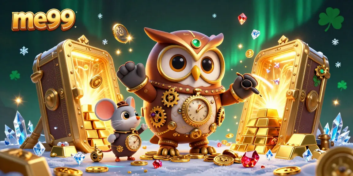 Experience the thrill of me99 casino with cartoon characters amidst treasures and shimmering effects.