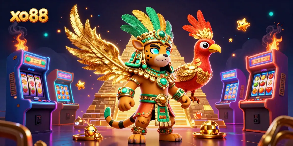 Engage with xo88's vibrant 3D casino scene featuring a Mayan jaguar priest and gaming elements.