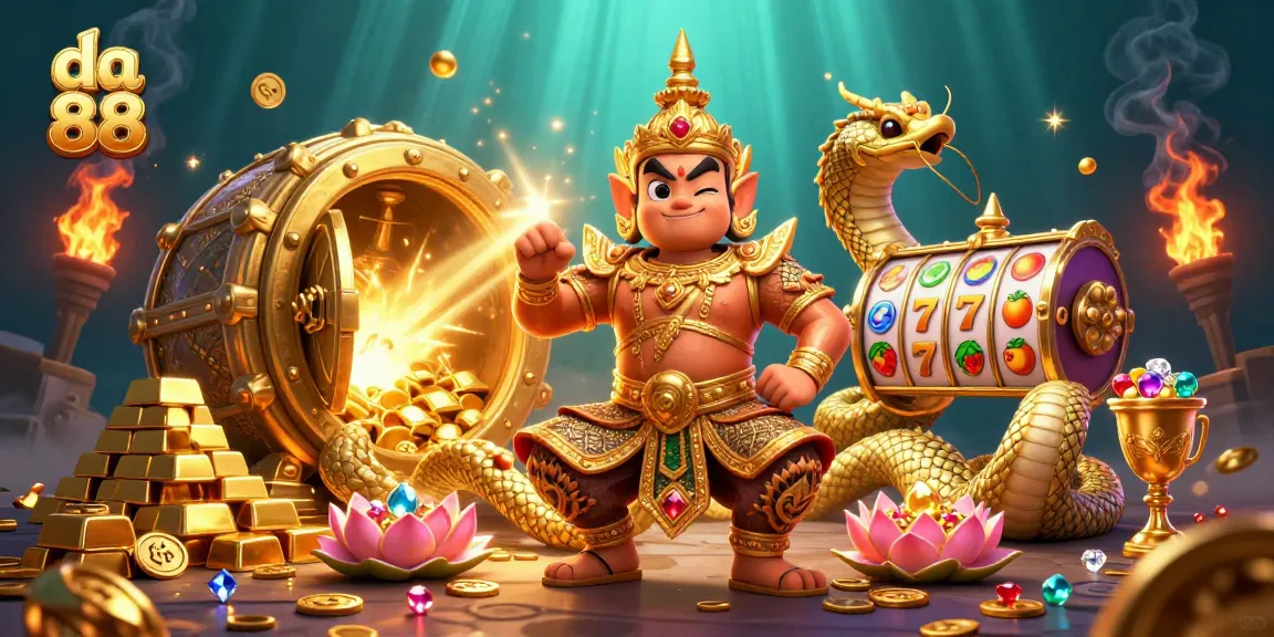 Spin to win at da 88 with vibrant slot reels and treasures in this casino-themed scene.