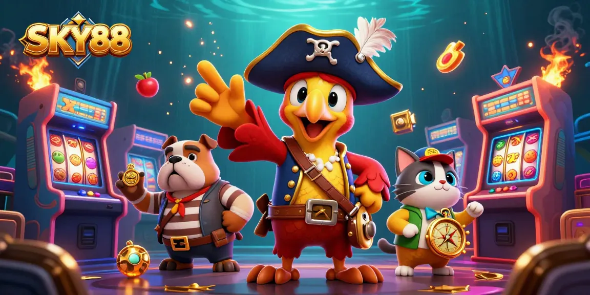 Engage in thrilling casino action with SKY88, featuring vibrant animated games and characters.