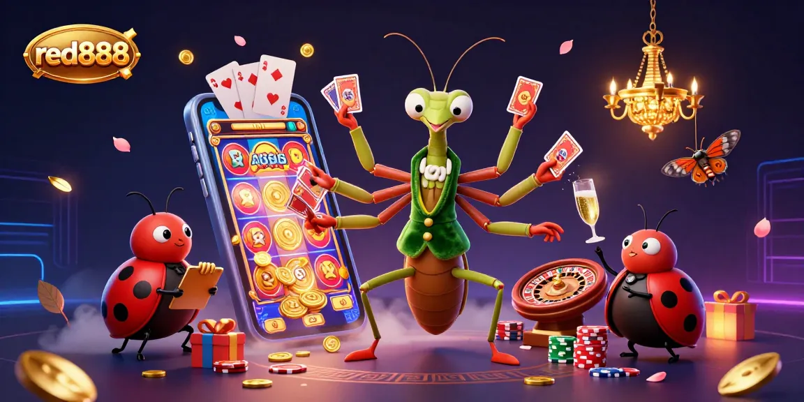Engage with the vibrant red888 casino featuring a lively mantis and ladybug duo amidst exciting games.