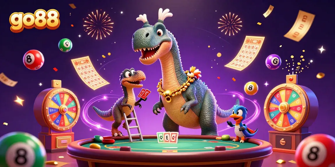 Experience the excitement of go88 as the animated brontosaurus peers into the casino action below.