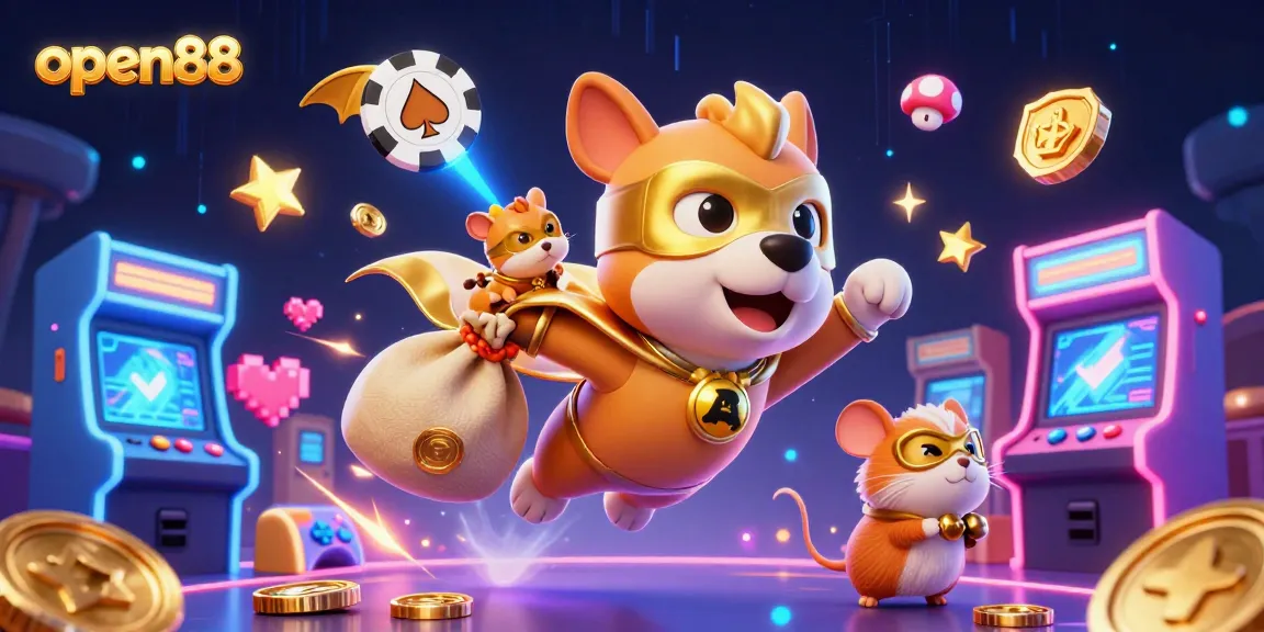 Experience exciting wins at open88 with a superhero dog delivering gold coins amidst vibrant casino elements.
