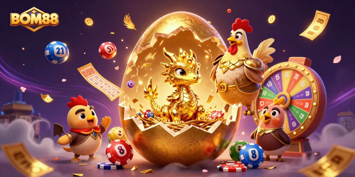 BOM88 showcases thrilling jackpot excitement with a golden dragon and vibrant lottery elements.