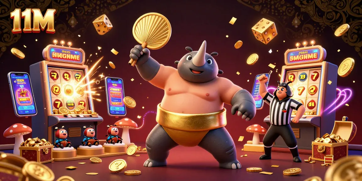 Experience the excitement of 11M in this vibrant 3D illustration featuring a beetle sumo champion amidst golden coins and casino elements.