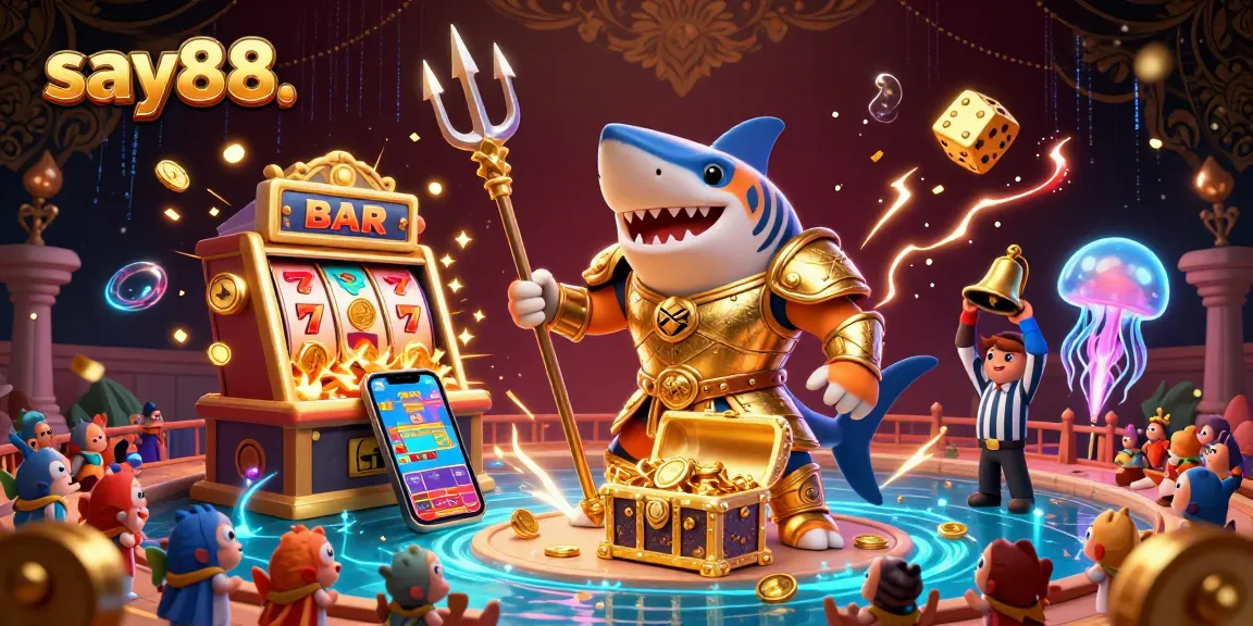 Experience thrilling wins at say88 with a dynamic scene of a shark in gladiator armor amidst casino game excitement.