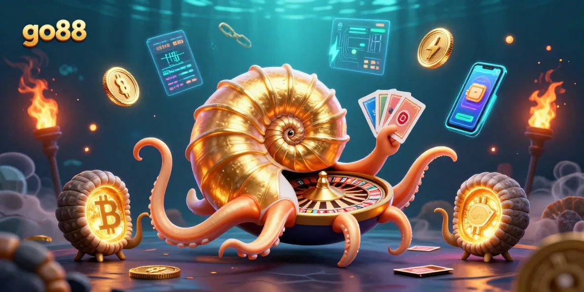 Engage with go88's vibrant casino experience featuring a nautilus roulette wheel and crypto elements.