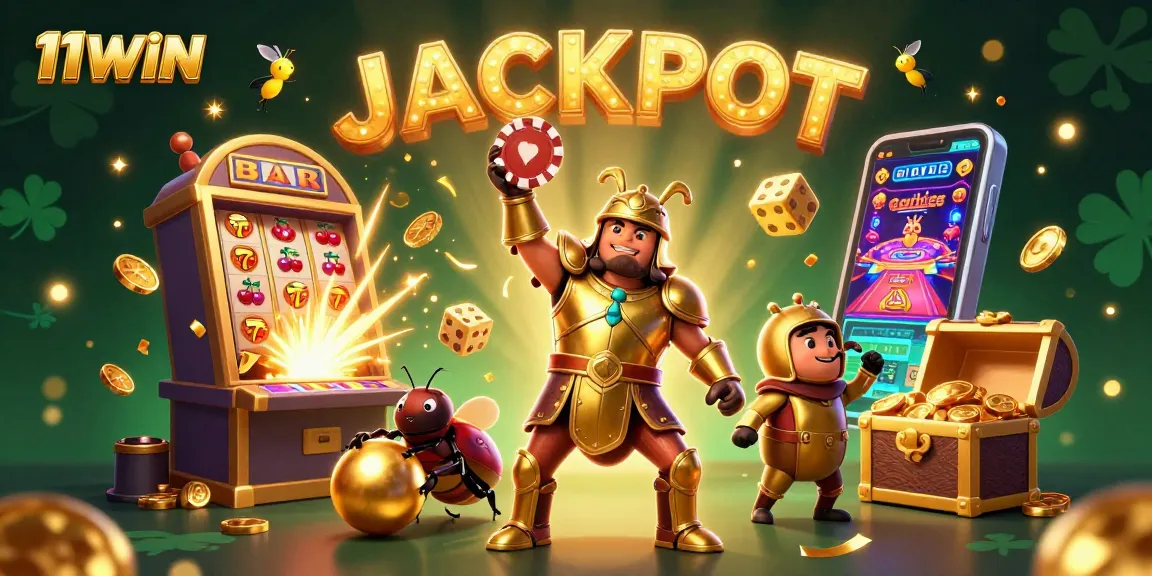 Win big with 11WIN as a heroic beetle lifts a poker chip amidst a vibrant casino scene.