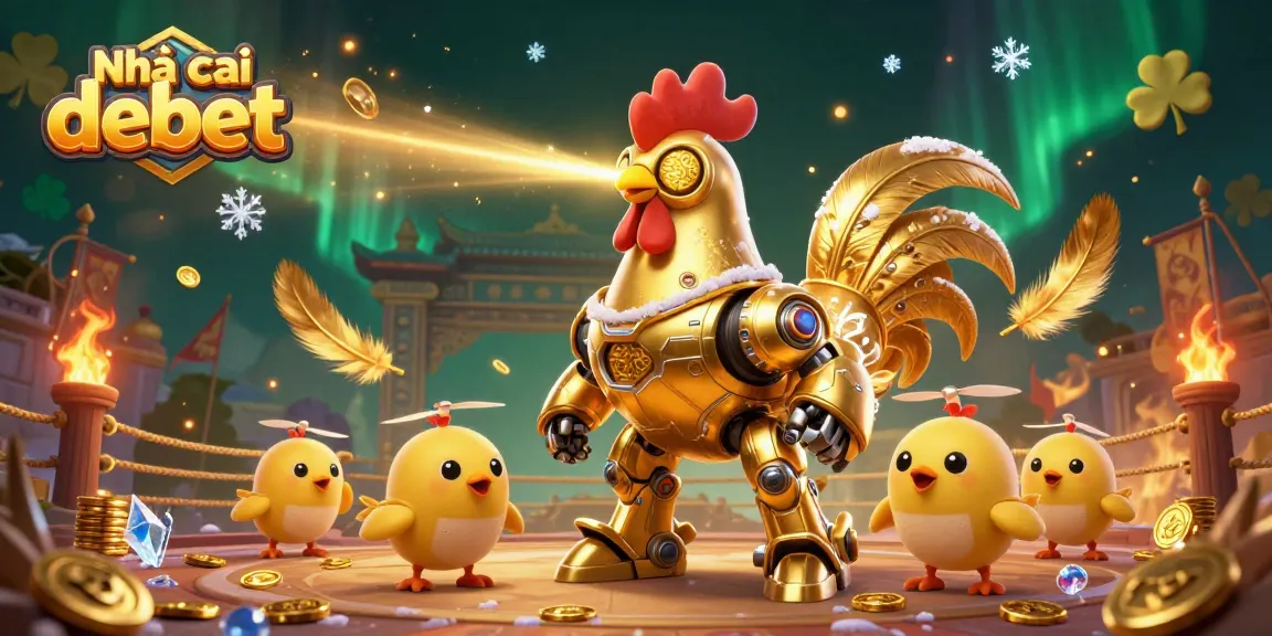 Engage with Nhà cái debet in an energetic casino scene featuring a golden rooster robot and baby chick drones.