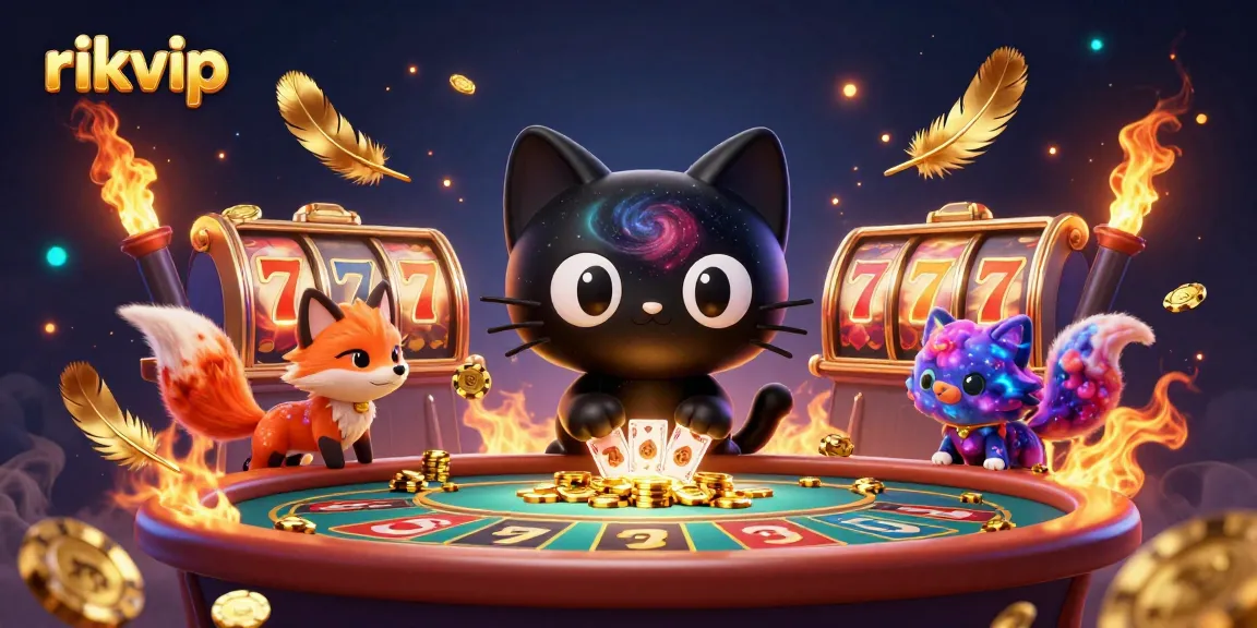 Play and win at rikvip's cosmic casino with a black hole cat and nebula fox friends.