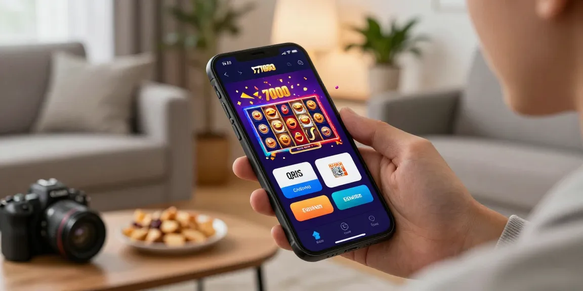 Online gambling user enjoying slot7000 platform with seamless QRIS deposits in a vibrant living room.