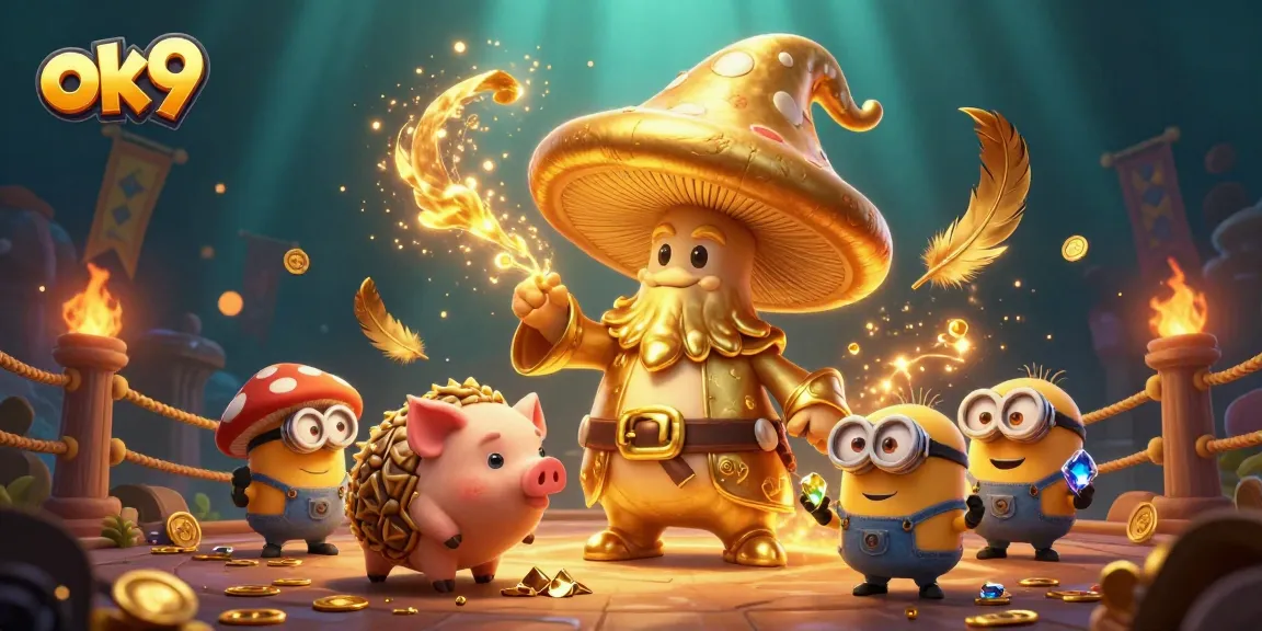 Experience thrilling magic with ok9 in this vibrant 3D casino illustration featuring enchanting characters and betting tokens.