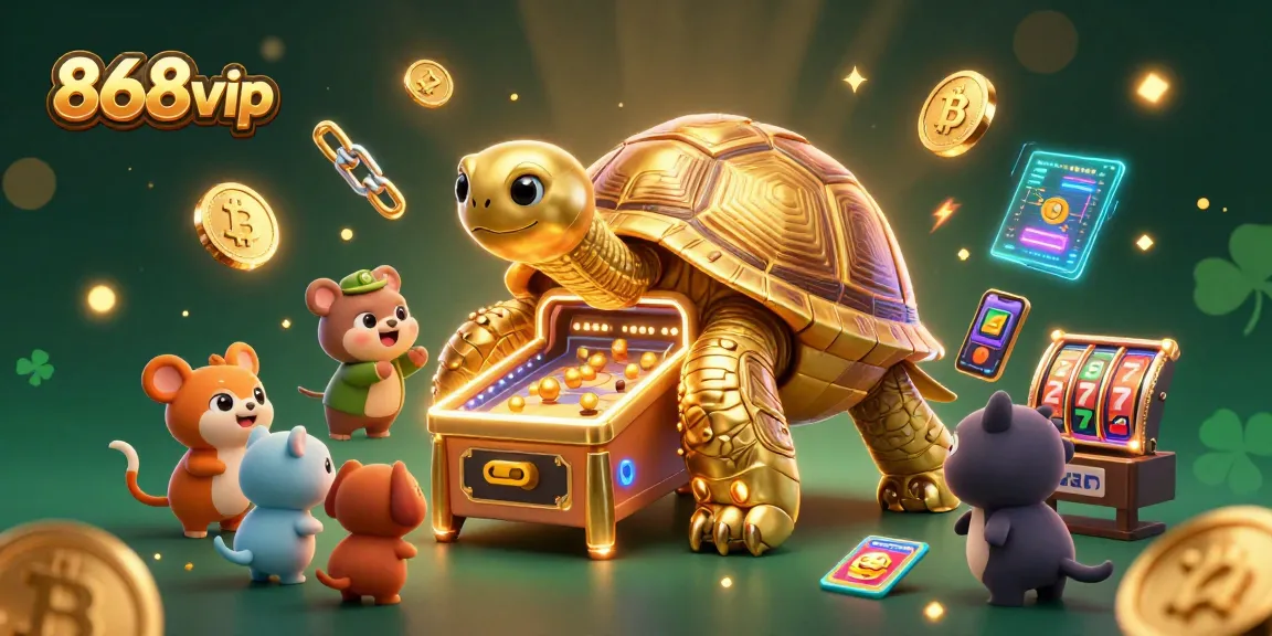 Engage with 868vip in a vibrant casino scene featuring a tortoise pinball machine surrounded by crypto elements.