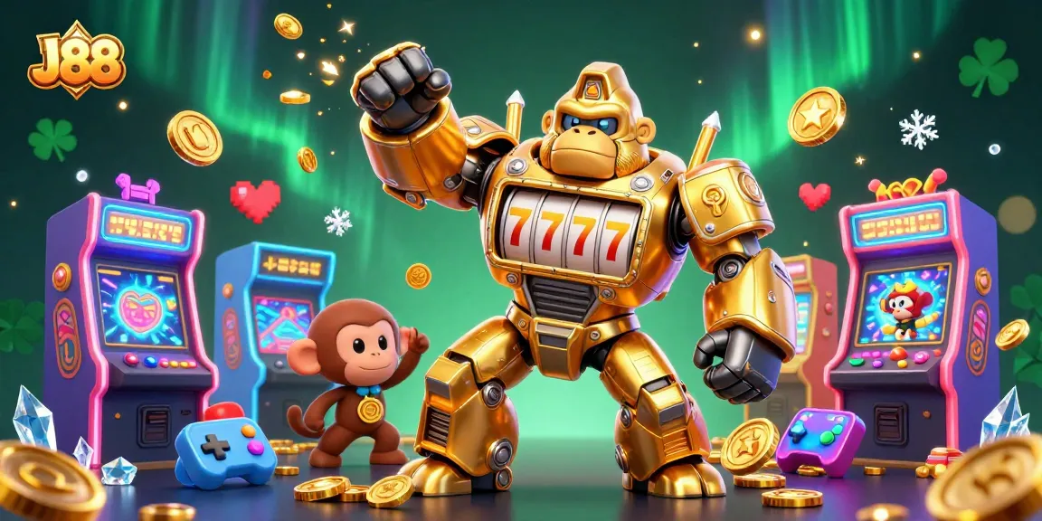 J88 Gorilla Mech celebrates winnings amidst vibrant casino arcade elements