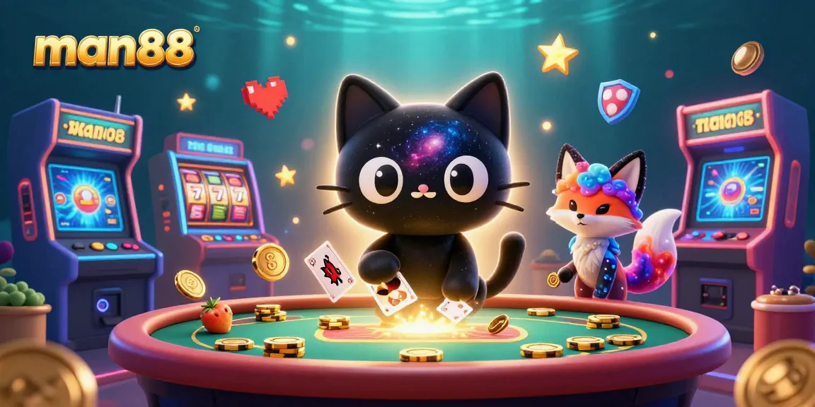 Experience the cosmic charm of man88 as the black hole cat spells luck, with vibrant casino elements.