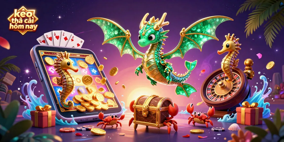 Engaging scene of kèo nhà cái hôm nay with an emerald sea dragon, vibrant slot game elements, and rich tropical decor.